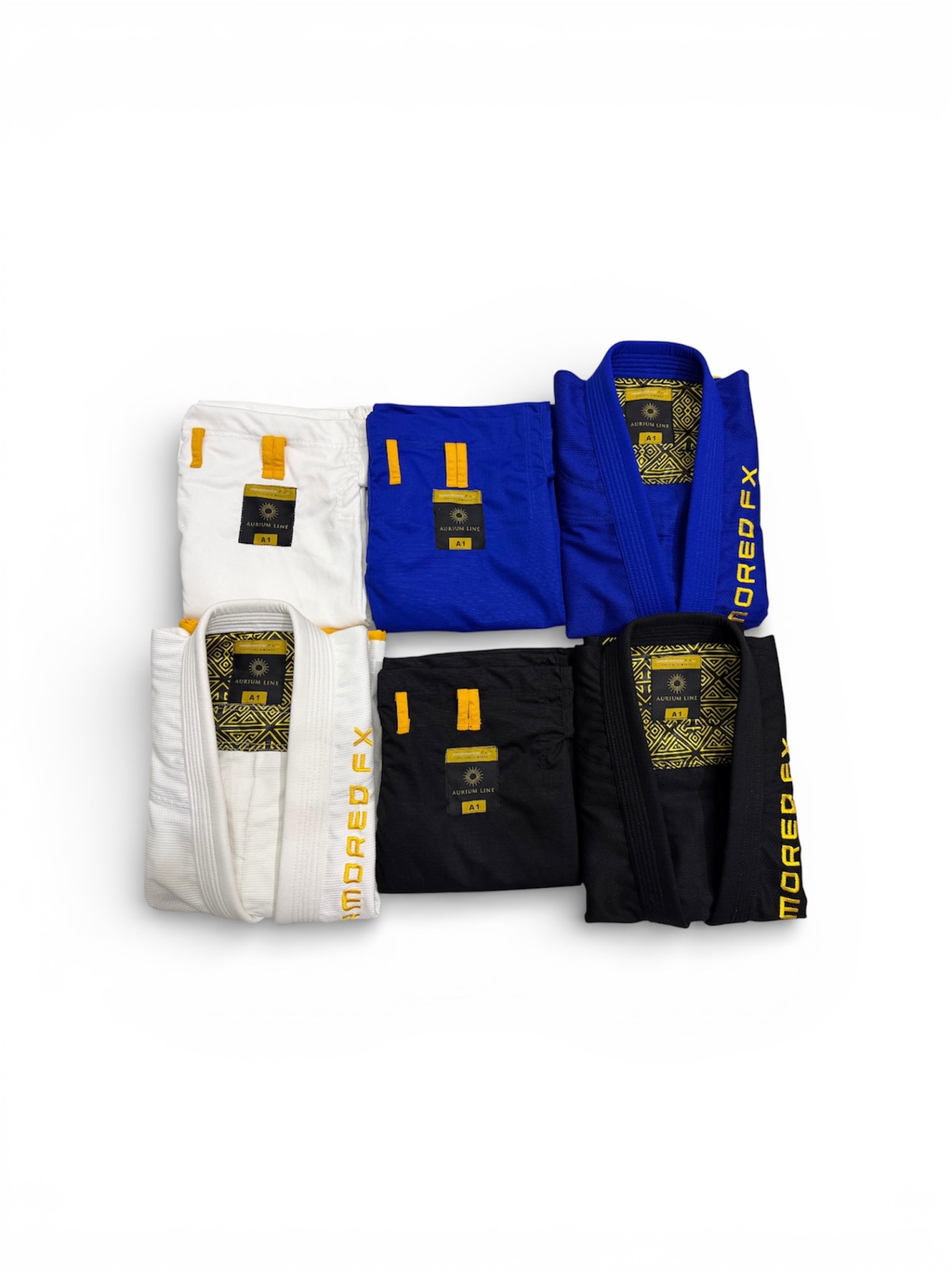 Armored FX Aurium Line BJJ kimonos — white, blue and black gi lineup with gold embroidery